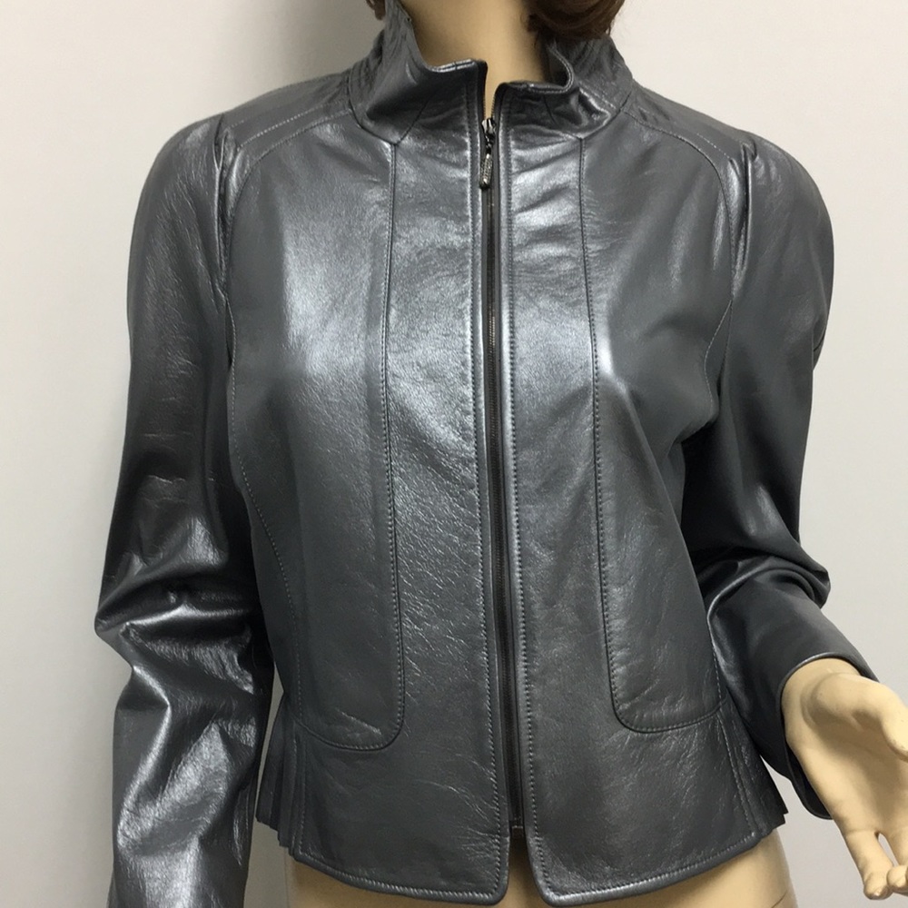 St. John couture leather jacket short gray size 4